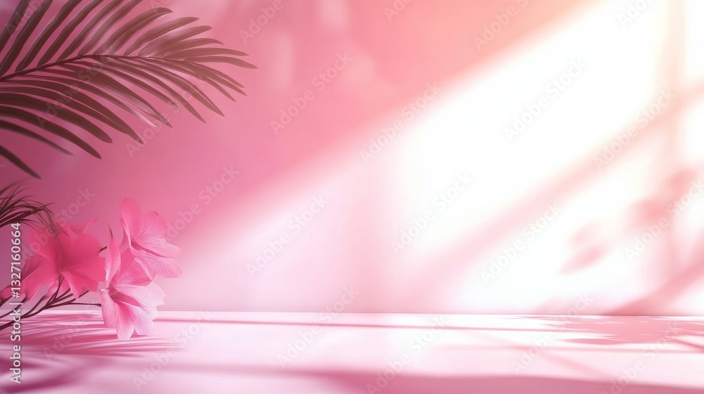 Poster abstract pink gradient studio background with shadows of windows flowers and palm leaves ideal for 3