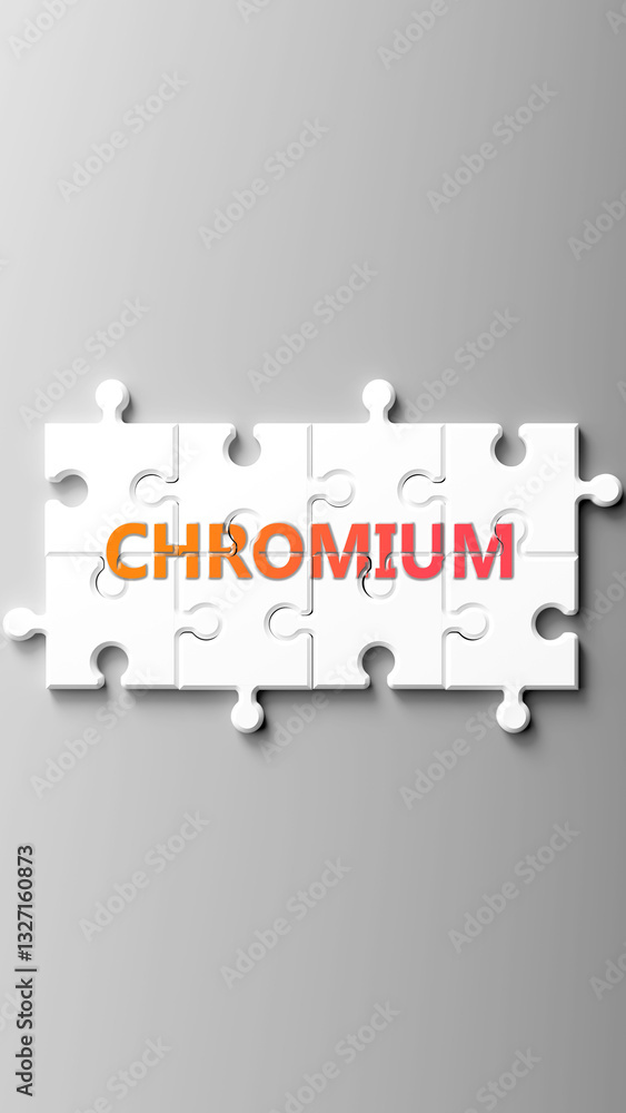 Poster Chromium complex like a puzzle - pictured as word chromium on a puzzle pieces to show that chromium is complex and needs cooperating pieces that fit together. ,3d illustration
