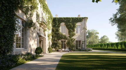 Obraz premium A beautiful, ivy-covered house surrounded by a lush green lawn and trees, showcasing elegant architecture and inviting outdoor space.