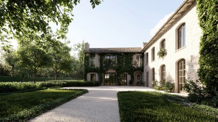 A serene residential building surrounded by lush greenery and a well-maintained pathway, showcasing a blend of architecture and nature.