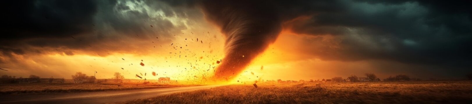 A Tornado Destroying a Small Town with Debris in the Sky. Generative AI