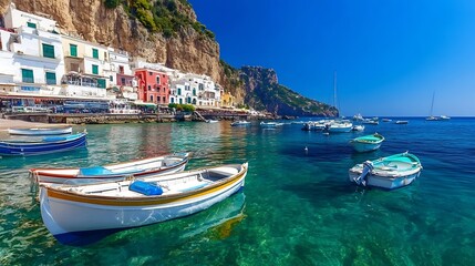 Fototapeta premium Beautiful tranquil coastal scene with colorful boats docked in clear blue water under a bright sunny sky : Generative AI