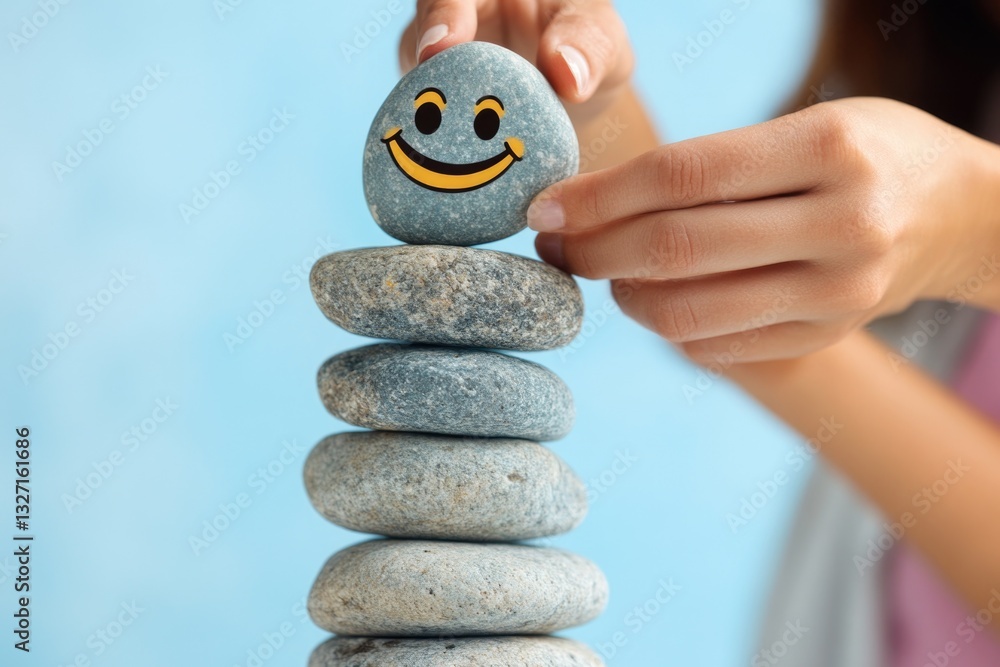 Poster a person constructs a rock stack with a smiley face painted on top, symbolizing positivity and creat