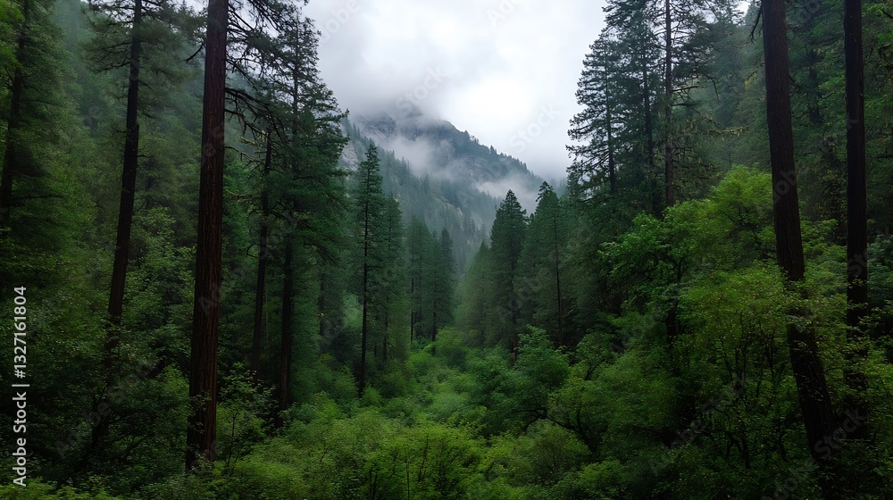 Poster misty forest landscape with towering trees and lush greenery under cloudy skies : generative ai