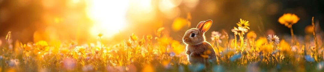 Obraz premium A Bunny in a Spring Meadow Among Colorful Wildflowers. Generative AI