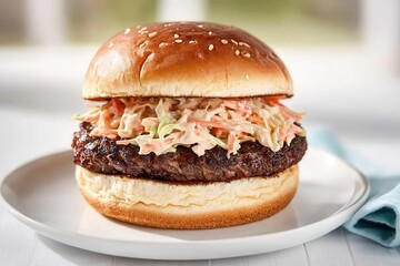 Burger organic beef delicious Juicy burger with coleslaw, served on a sesame bun.