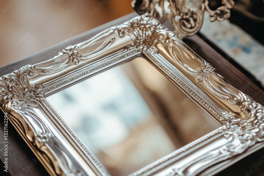 Poster A mirror sits atop a wooden table in a clean and simple setting