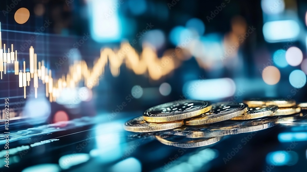 Poster a close up of shiny gold coins lying on a digital financial graph representing cryptocurrency tradin