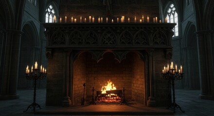 Ornate Fireplace Burning with Candles in a Gothic Style Interior