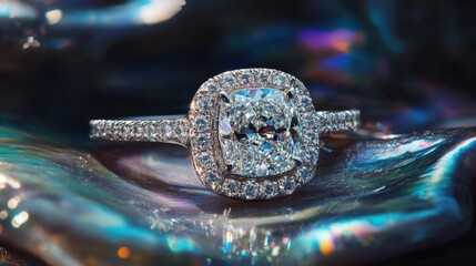 A cushion-cut diamond ring with a halo setting resting on a luxury jewelry catalog
