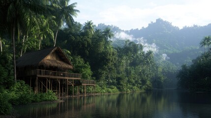 A tranquil riverside scene featuring a bamboo house surrounded by lush greenery and misty mountains in the background.