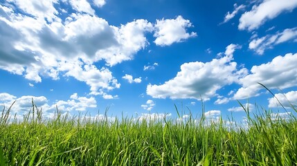 Fototapeta premium Vibrant green grass stretches under a bright blue sky adorned with fluffy clouds signaling nature's beauty : Generative AI