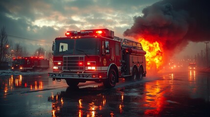 Fire Truck in Action with Firefighters Battling a Blaze Against a Dark Smoky Sky. Generative AI
