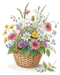 Naklejka premium Vibrant Spring Wildflowers in a Woven Basket Watercolor Painting of Daisies Gerbera and other
