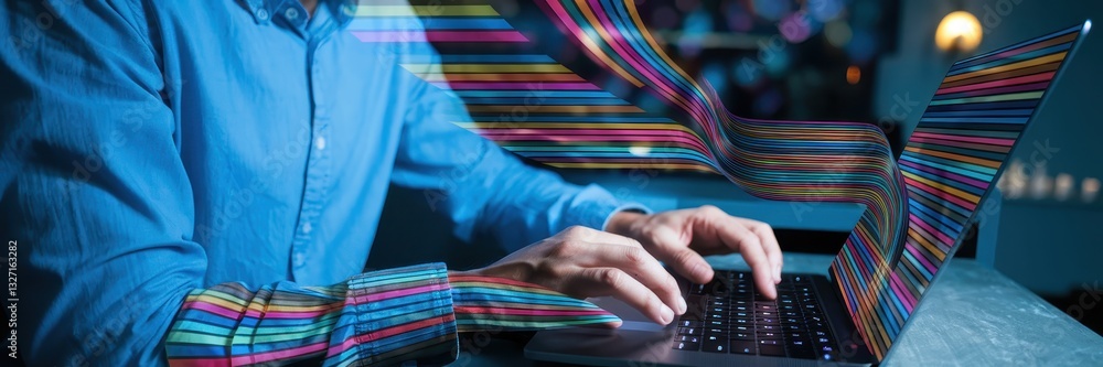 Poster digital transformation: a person working on a laptop with colorful data streams
