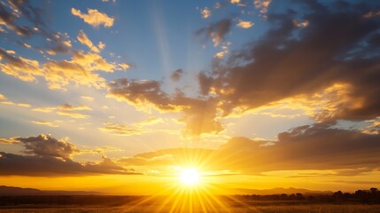 Fototapeta premium Vibrant sun rays breaking through clouds during a breathtaking sunset over the horizon : Generative AI