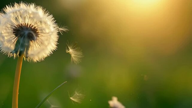 Close-up of illuminated dandelion seed head glowing in warm sunlight.