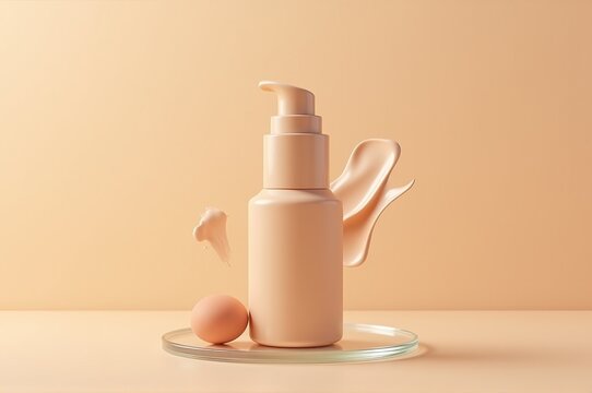 A creamy skin care elixir stands elegantly on a glass plate, accompanied by a smooth egg. Soft textures and warm hues create a tranquil and inviting atmosphere for self-care