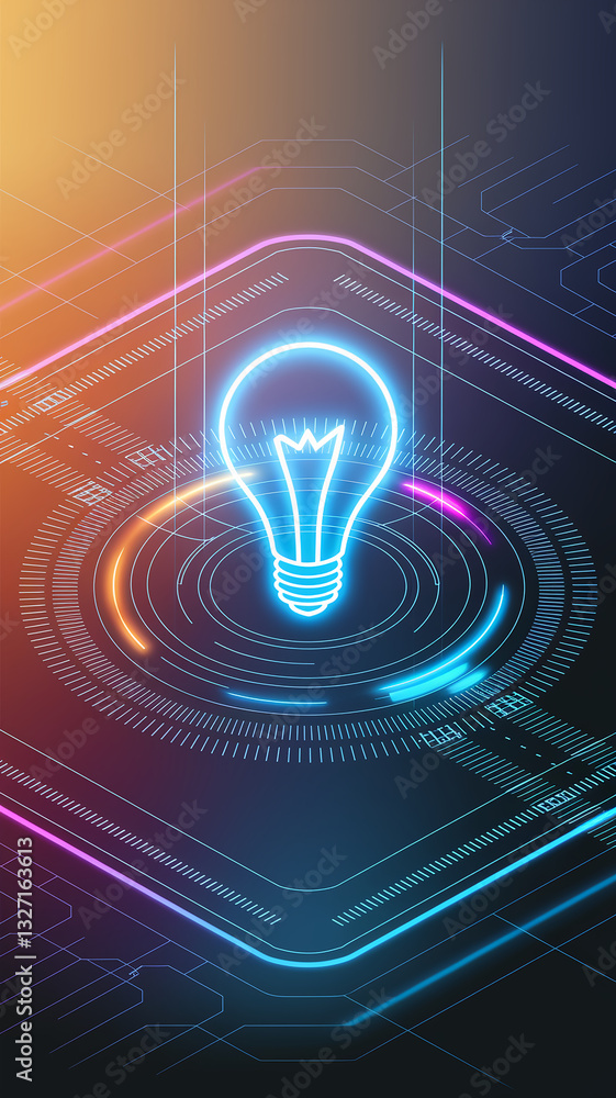 Poster neon lightbulb on digital interface, glowing lines and circles create futuristic technology concept,