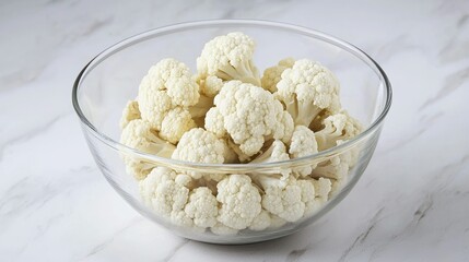 A bowl filled with fresh, uncooked cauliflower florets, ready for cooking.