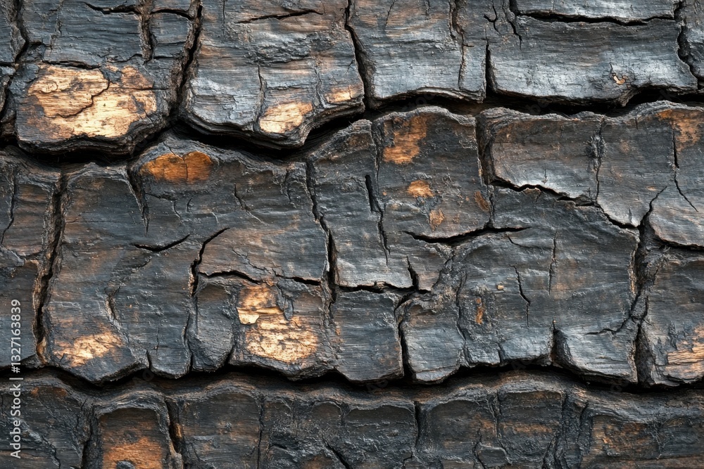 Poster dramatic close up of charred tree bark texture with deep cracks and golden undertones creating a nat