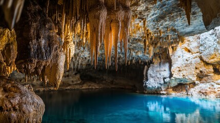Exploring stalactite formations in a hidden cave nature wonders underwater scene serene atmosphere