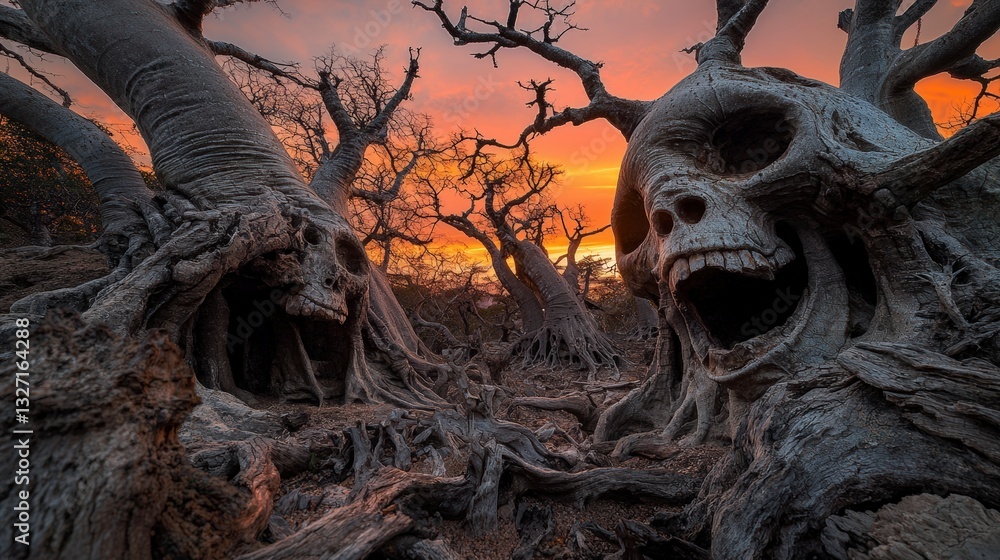Poster mysterious skull trees emerge at sunset in enigmatic forest photography surreal environment close-up