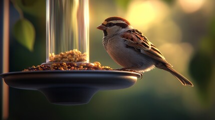 Naklejka premium Sparrow feeding at garden feeder at sunrise