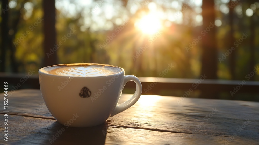 Poster Steaming cup of coffee enjoyed in nature with sunlight streaming through the trees : Generative AI