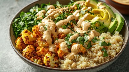 A healthy cauliflower bowl filled with roasted cauliflower, quinoa, avocado, and a tahini dressing.