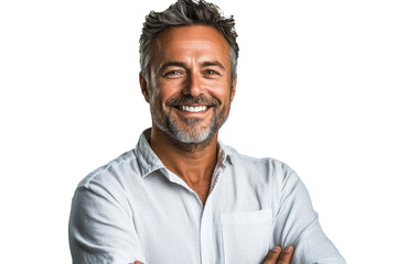 Smiling man with gray hair in casual attire