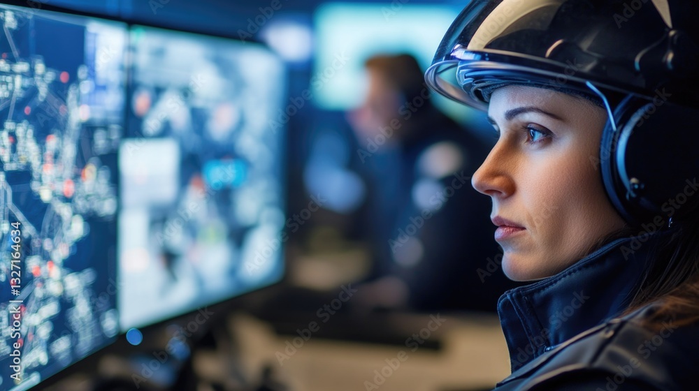 Poster a woman wearing a helmet sits in front of a computer screen, focusing on her work