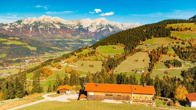 Alpine autumn or indian summer view at Mount Hohe Salve, Soell, Kufstein, Tyrol, Austria