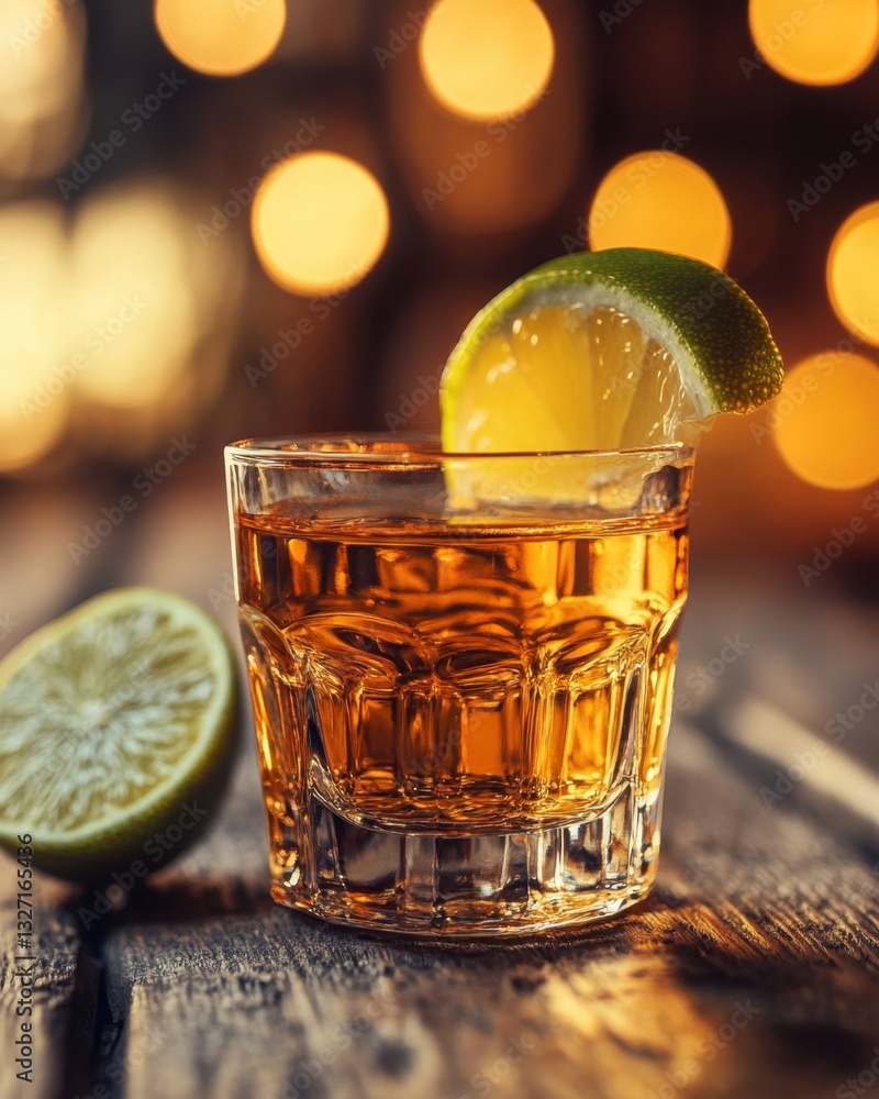 Poster golden tequila shot with lime slice on rustic wood table warm bokeh lights inviting atmosphere close