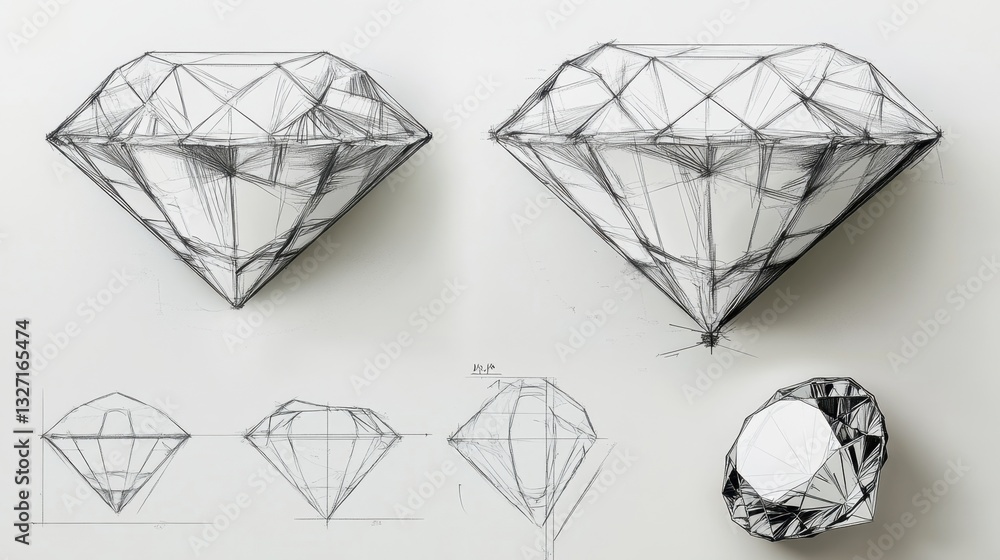 Poster a diamond cutting blueprint with precise measurements and facet alignment