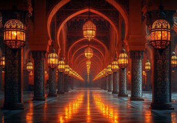 Obraz premium Dimly Lit Corridor with Ornate Columns and Glowing Lanterns