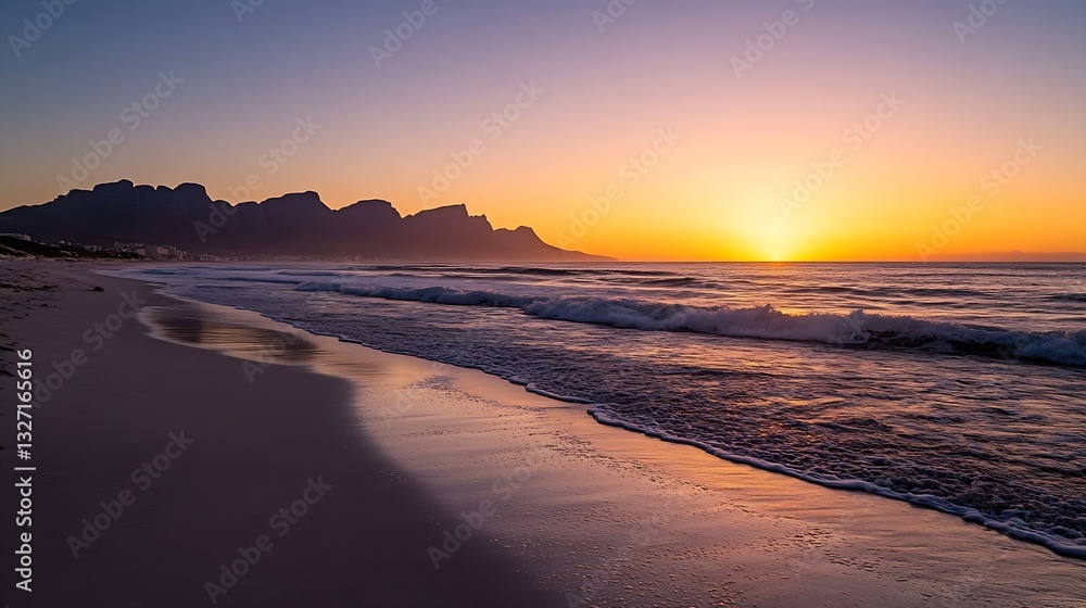 Poster scenic beach view at sunset with gentle waves lapping against the shore and mountains in the distanc