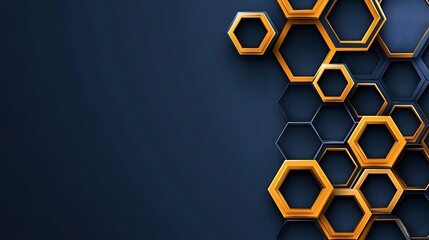 Abstract 3D Render: Golden and Dark Blue Hexagon Pattern AI Generated