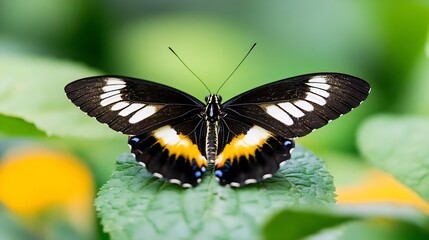 Obraz premium Beautiful close up of a vibrant butterfly resting on green foliage in a stunning nature setting : Generative AI