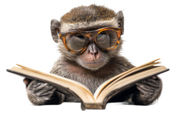 Monkey in glasses reading a book on transparent BG