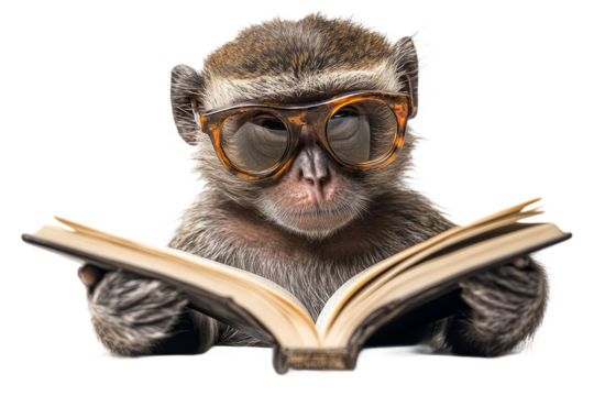 Monkey in glasses reading a book on transparent BG