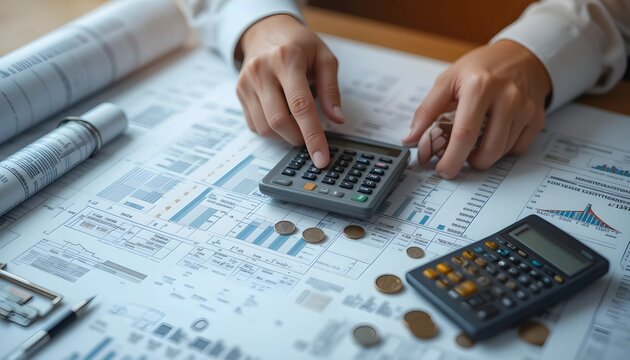 Architect Calculating Construction Costs with Blueprint, Calculator, and Coins, Demonstrating Project Planning, Budgeting, and Real Estate Development, Focusing on Financial Considerations in Building