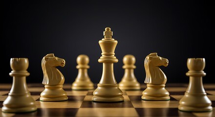 A lone chess king stands defiantly surrounded by its protective knights on a dark wooden board a dramatic image representing leadership strategy and protection