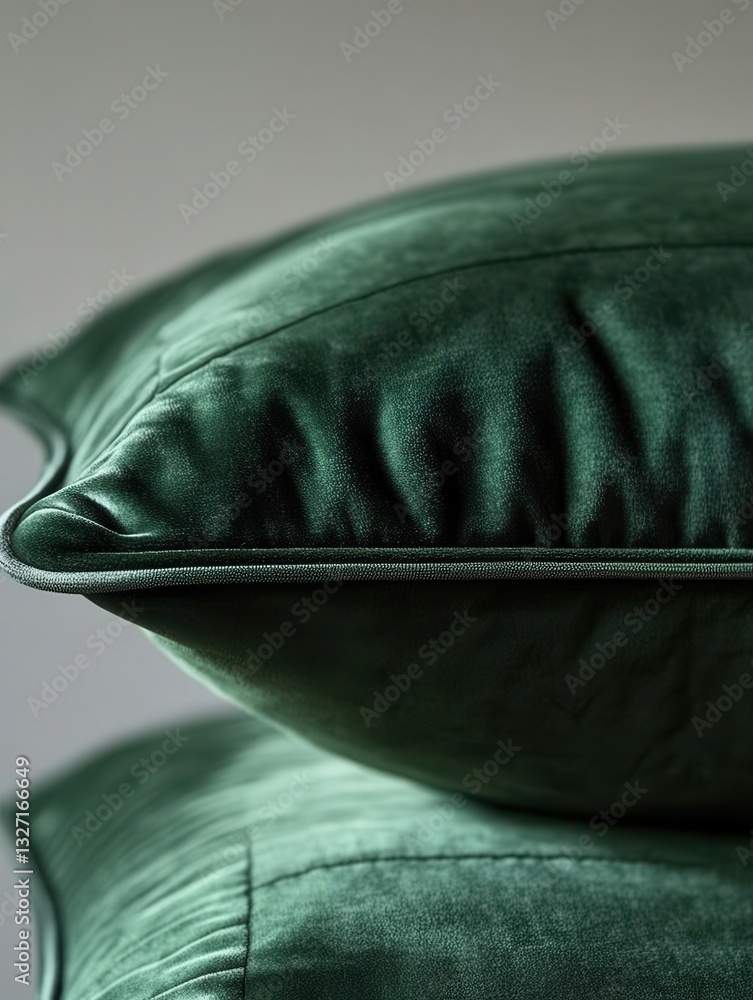 Poster luxurious emerald velvet pillows stacked in soft light creating a cozy and inviting atmosphere for r