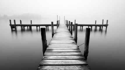Obraz premium Misty Morning at the Lake Pier: A Black and White Serenity