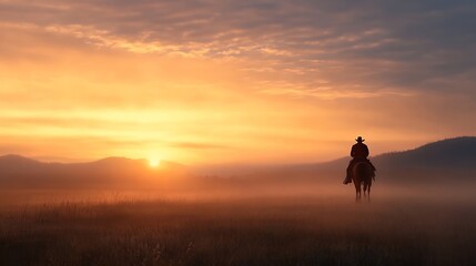 Silhouette of a lone cowboy riding a horse against a stunning sunrise over misty fields : Generative AI