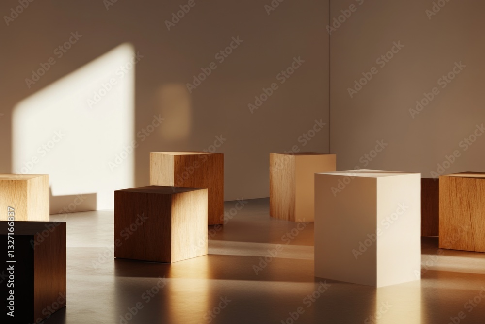 Poster a collection of wooden cubes arranged in a room setting
