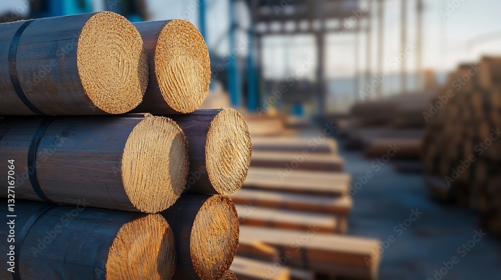 Poster stacked logs ready for transportation at a lumber yard showcasing timber industry operations : gener