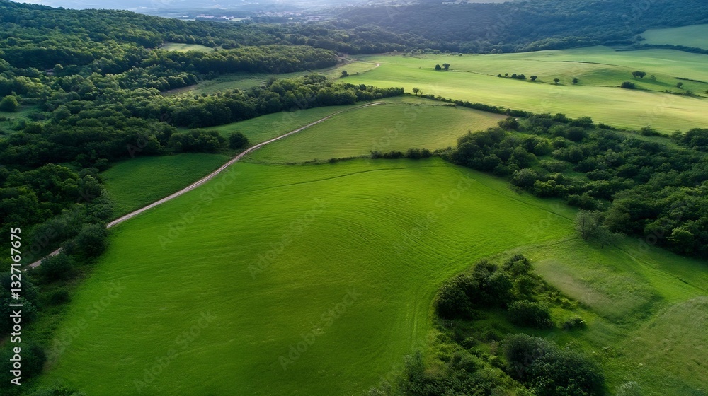 Poster aerial view of lush green rolling fields and forested hills under clear sky : generative ai