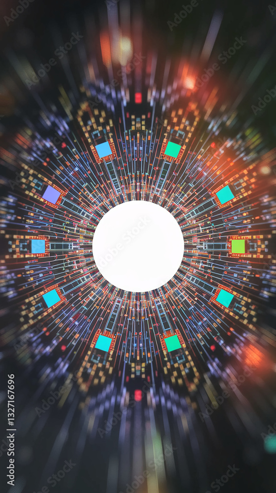 Poster abstract image with radial lines and colorful squares converging to a central white circle, showcasi